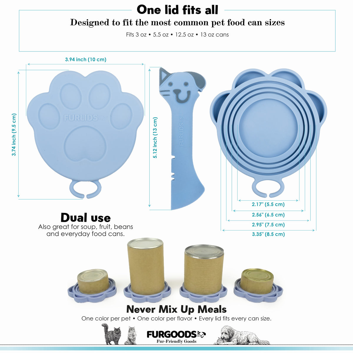 FURLIDS Blue Cat Dog Food Can Lid, Airtight Silicone Cover Spatula 1 Pack