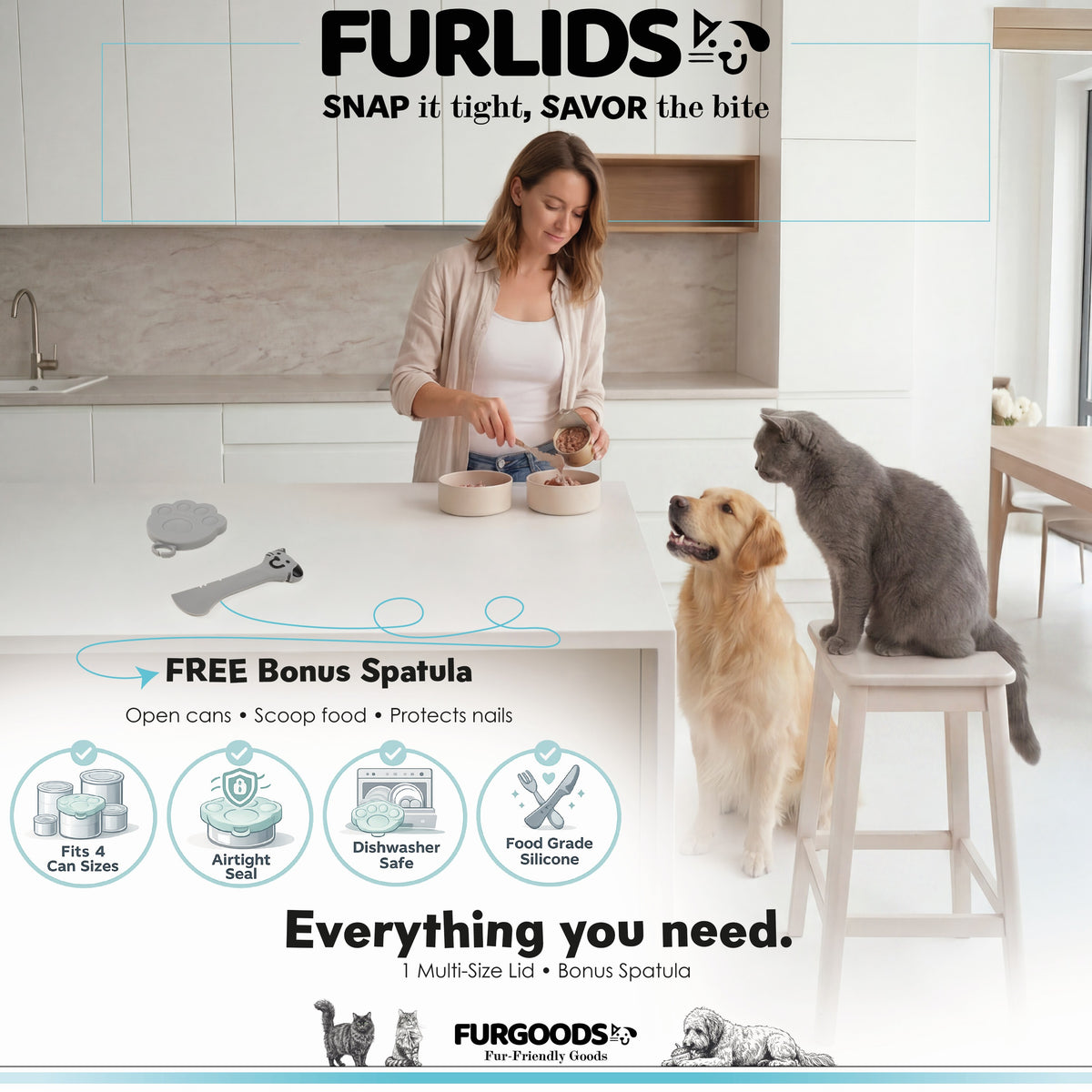FURLIDS Grey Cat Dog Food Can Lid, Airtight Silicone Cover Spatula 1 Pack