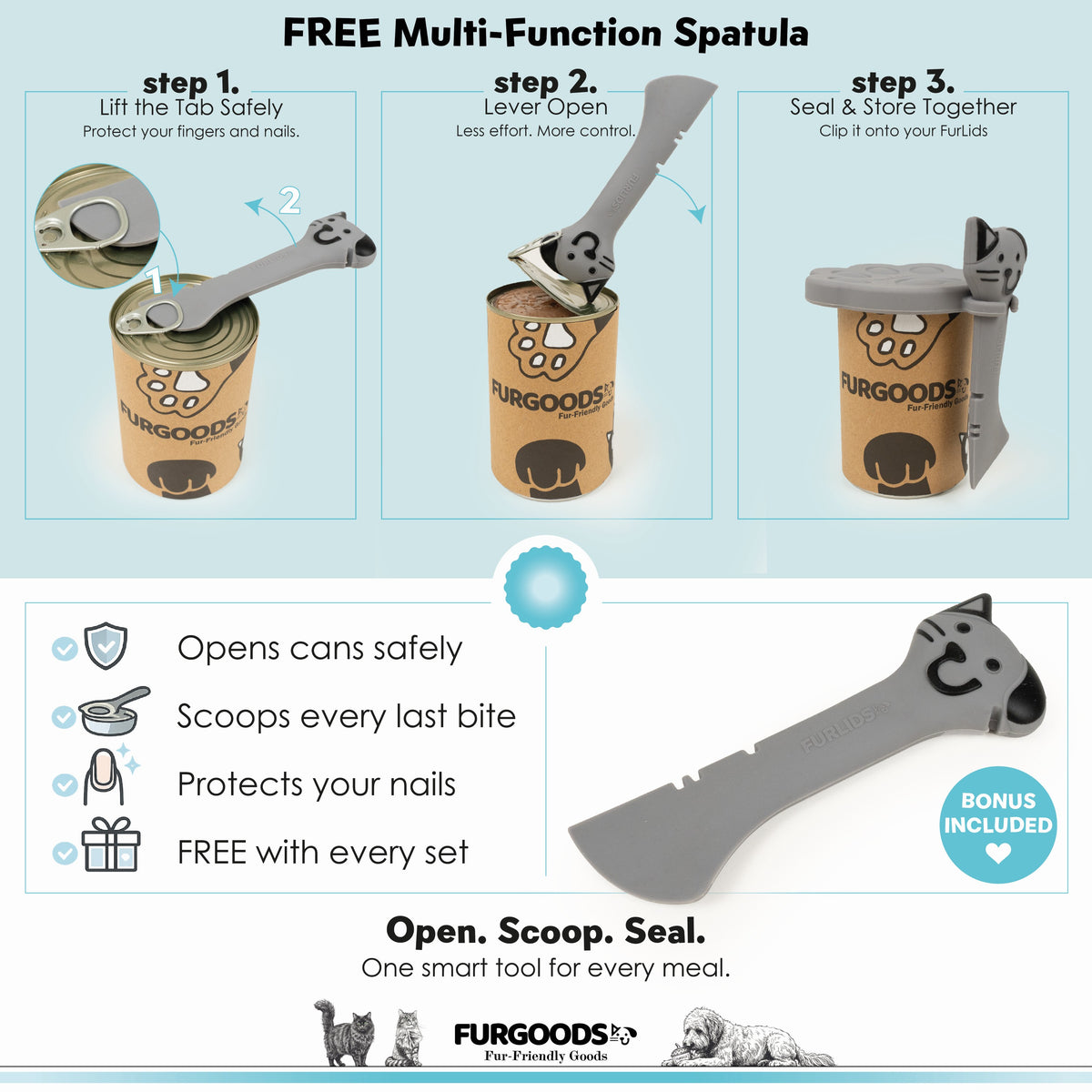 FURLIDS Grey Cat Dog Food Can Lid, Airtight Silicone Cover Spatula 1 Pack