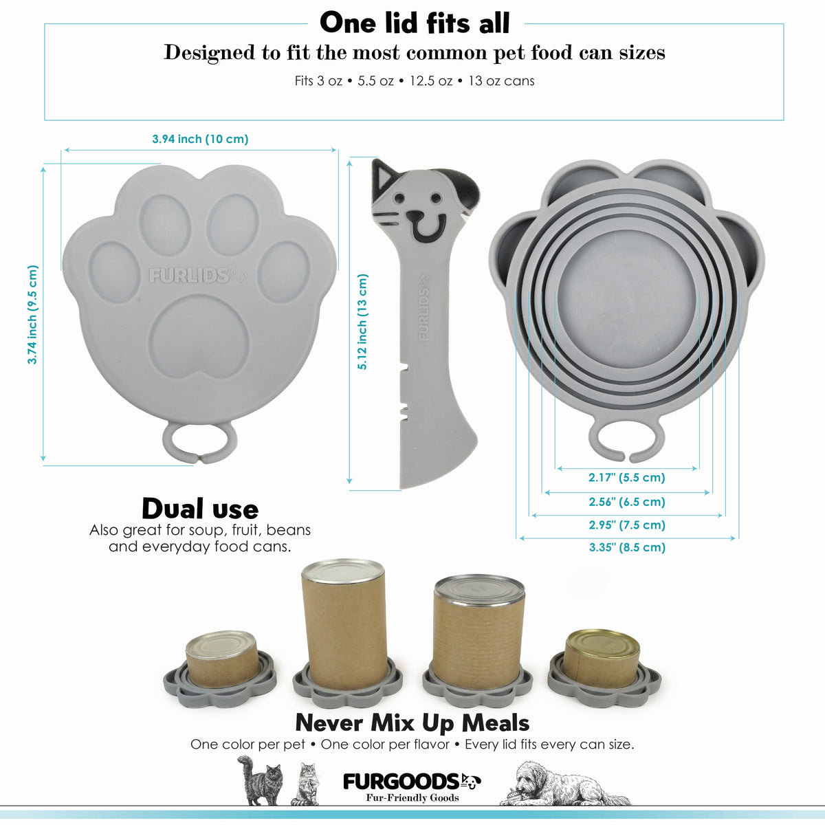FURLIDS Grey Cat Dog Food Can Lid, Airtight Silicone Cover Spatula 1 Pack