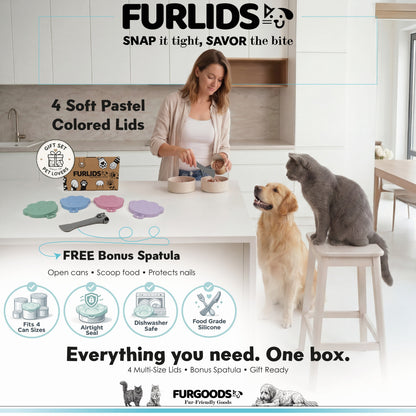 FURLIDS Kattenvoer Hondenvoer Blikdeksels 4 stuks, Luchtdichte Siliconen Dekseltjes met Spatel