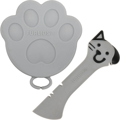 FURLIDS Grey Cat Dog Food Can Lid, Airtight Silicone Cover Spatula 1 Pack